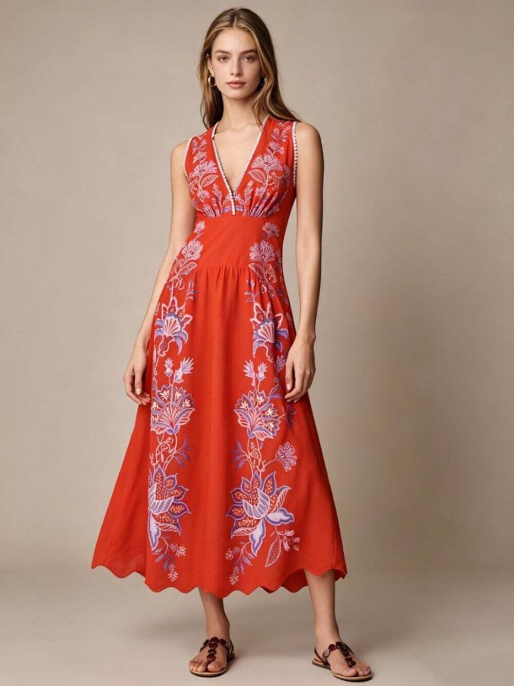 NWOT Farm Rio Porcelain Garden Red Linen Midi Dress Size L